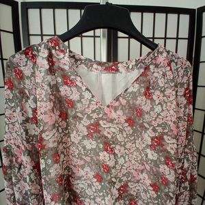 FLORAL Women's Chiffon Shirt Loose V Neck Long Sleeved Size Large